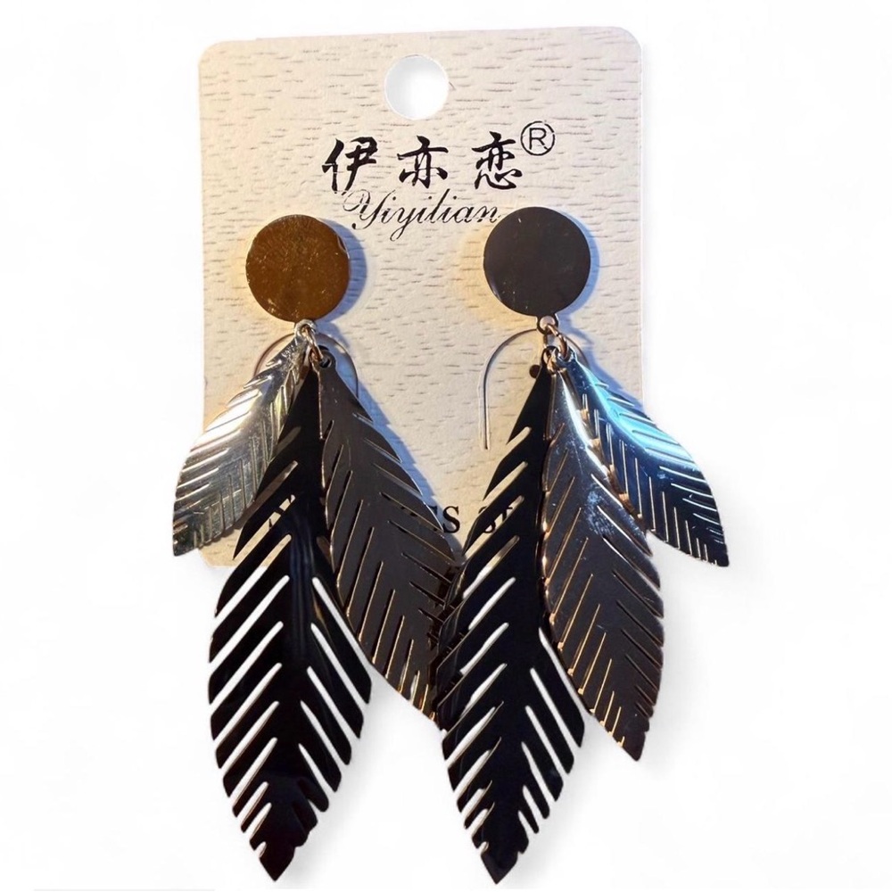 Yiyitian Gold-tone Black Stainless Steel Layered Feather Dangle Earrings NEW - Picture 3 of 7